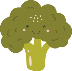 Cute broccoli vegetable vector, Vegetable with face, Happy broccoli vector, Summer vegetable with eyes, Kids funny illustration