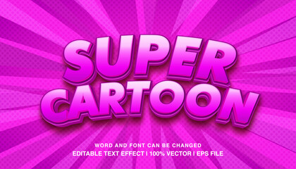 Super cartoon editable text effect template, 3d cartoon style purple color typeface, premium vector