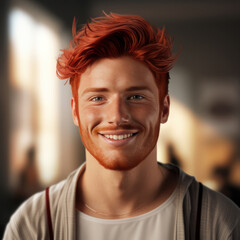 Obraz premium Red-haired man smiling, square photo. AI generative.