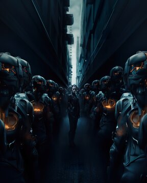 dark futuristic female cyborg with robotic wear and tech look, cyberpunk concept, generative AI