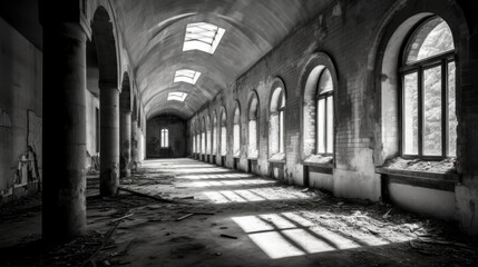 Fototapeta na wymiar Interior of old abandon building space black and white 