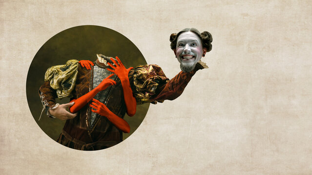 Creepy portrait of headless royal person in vintage suit holding head on hand. Contemporary art collage. Concept of Halloween, party, celebration, surrealism, imagination, fantasy. Poster, ad. Banner - Powered by Adobe
