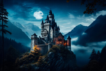 Mysterious medieval castle in a full moon night