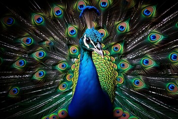 Fototapeta na wymiar Portrait of a beautiful peacock with vibrant feathers, Generative Ai