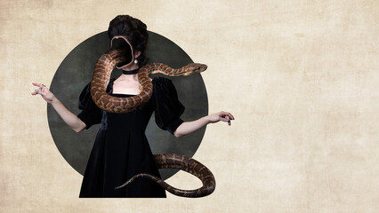 Elegant faceless woman in black dress with snake over her body. Magic, spiritual person....