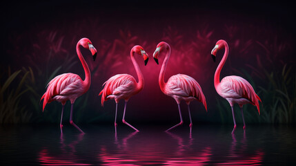 A flock of majestic pink flamingos gracefully standing in the shimmering water
