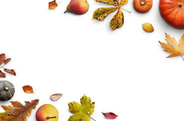 A collection of autumn fall leaves, fruits and pumpkins a forming a border, , layout isolated against a transparent background for thanksgiving fall and harvest festivals.