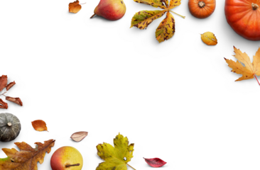 A collection of autumn fall leaves, fruits and pumpkins a forming a border, , layout isolated against a transparent background for thanksgiving fall and harvest festivals.