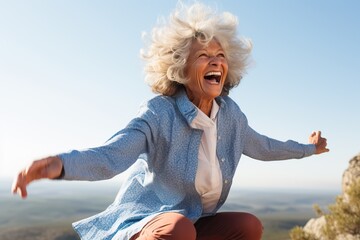 Fototapeta na wymiar Eccentric senior lady jumping in joy, generative ai