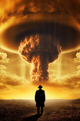 Man looking at a mushroom cloud.