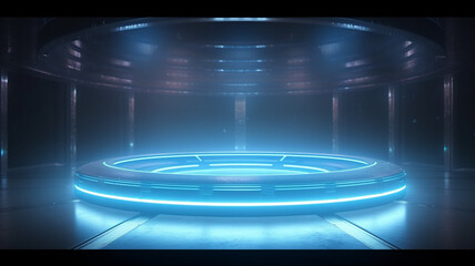   3D High-Tech Futuristic Stage  Sci-Fi Neon blue colour Spaceship Teleportation Portal Style Base Backdrop, Embracing Interstellar Dreams Enigmatic Cyberpunk Celestial 