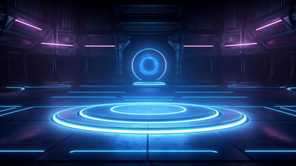 Fototapeta premium Neon Horizon Odyssey: Exploring a 3D High-Tech Futuristic Stage Sci-Fi Neon cyberpunk Spaceship Teleportation Portal Style Base Backdrop, Embarking Interstellar Dreams 