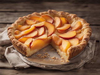 Beautiful peach pie on an old wooden table