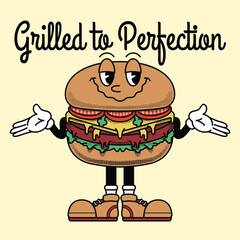 Burger Character Design With Slogan Grilled to Perfection