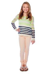 Teen, girl and portrait of a model for fashion with a child isolated on a transparent background for style. Children, smile and cute outfit of a happy young teenage kid on PNG for trendy clothes