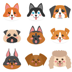 Cute dog faces collection. Corgi, husky, Jack Russel terier, dachshund, pug, german shepherd dog, st. Bernard dog, dobermsn, poodle. Illustration on transparent background