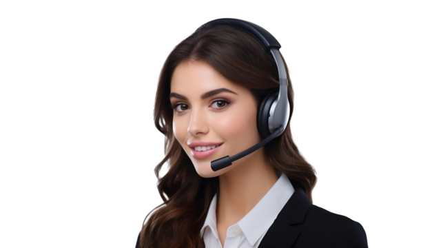 brunette, beautiful call center girl is talking with her client. she is isolated against a white background, serving as a customer support female agent wearing a headset
