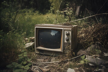 Abandoned old tv is on pathway with grass in forest. Generative AI.