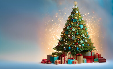 Banner Sapin de Noël isolé, coloré et décoré avec des cadeaux au pied du sapin - IA générative