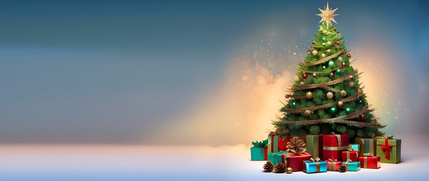 Banner Sapin de No&euml;l isol&eacute;, color&eacute; et d&eacute;cor&eacute; avec des cadeaux au pied du sapin - IA g&eacute;n&eacute;rative