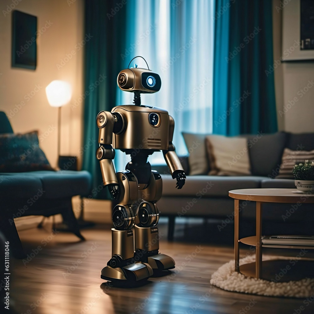 Poster photo of a home robot in a living room. household robot in a smart home. artificial intelligence man