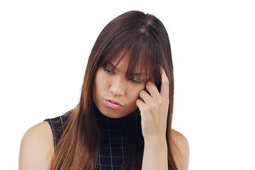 Woman, student and thinking, confused or doubt for university exam, learning fail or college decision. Young sad person, education questions or problem solving isolated on transparent, png background