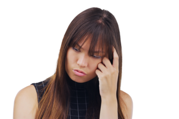 Woman, student and thinking, confused or doubt for university exam, learning fail or college decision. Young sad person, education questions or problem solving isolated on transparent, png background