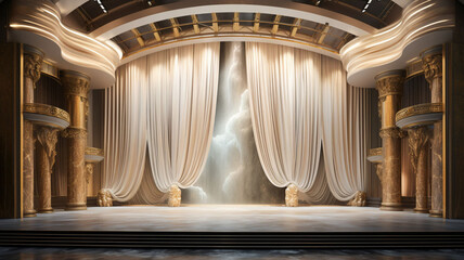 an empty 3D marble made huge marble made stage elegant modern style in white  theme, spotlights over it with white theme in background glowing lights and roman style 
