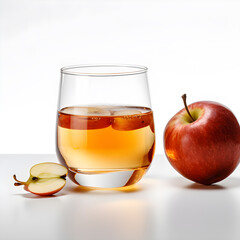 Apple juice in a glass surrounded by red apples and green leaves. Isolate on a white background