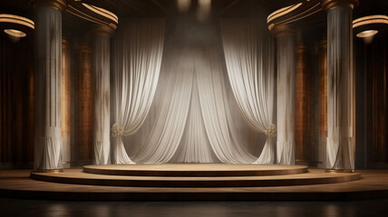 Whispering Elegance: The Enchanting 3D Marble Stage in Elegant Modern White, Enhanced by Spotlights and Embellished with White Curtains and roman style piller with light glowing