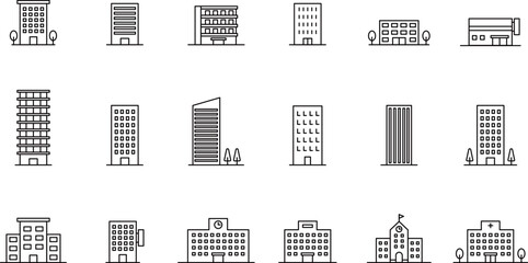 建物の線画アイコンセット