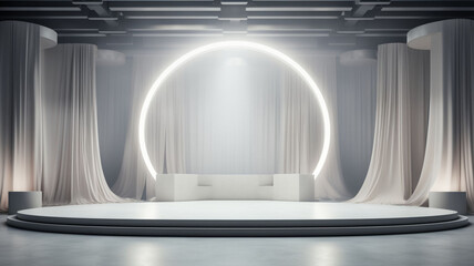 Luminous Reverie: The Captivating 3D Marble Stage in Elegant Modern White, Enhanced by Spotlights and Bathed in Glowing Lights in the Background