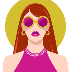 1408_Beautiful redhead woman wearing fashionable sunglasses and hoop earrings - 631119606