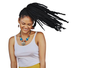 Shake hair, fashion and woman with a smile, excited and model isolated against a transparent background. Female person, movement and girl with happiness, dreads and beauty with aesthetic and png