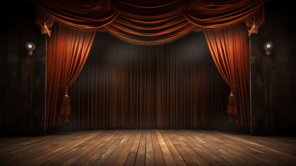 Radiant Sophistication: An Empty 3D Wooden Stage in an Elegant Modern Style, Enhanced by Spotlights, Framed by Peach Curtains in the Background, and Bathed in Glowing Lights