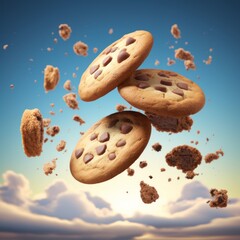 Fototapeta na wymiar Chocolate chip cookies falling. Cloudy sky and chocolate drops cookie