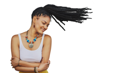 Woman, shake hair and braids with fashion, energy and freedom, happy dancing isolated on png transparent background. Young female model, cosmetic jewelry with casual clothes and trendy hairstyle