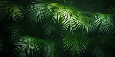 closeup of beautiful palm leaves in a wild tropical palm garden, dark green palm leaf texture concept full framed