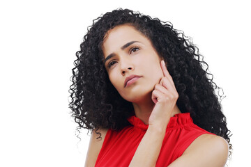 Business woman, vision and thinking, ideas or brainstorming for decision, remember or planning a...