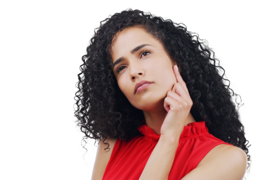 Business woman, vision and thinking, ideas or brainstorming for decision, remember or planning a choice. Designer or Mexican person in doubt or question emoji isolated on transparent, png background