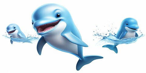 Cute Happy Dolphin Swimming white background