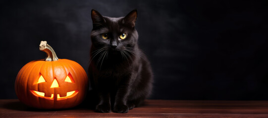 Halloween black cat with pumpkin Jack O'Lantern on dark background and space for text.