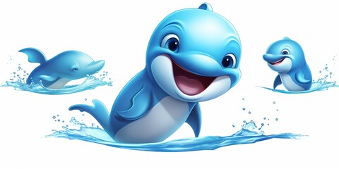 Cute Happy Dolphin Swimming white background