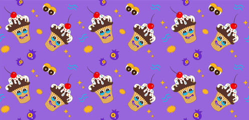 Seamless pattern of funny cupcake characters. Vector illustration of cupcake mascot and funny expressions. Children's funny background.