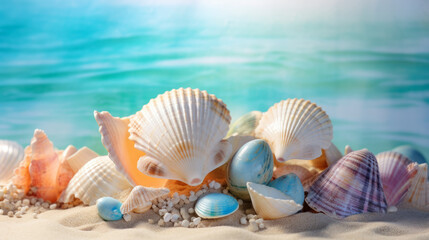 Fototapeta na wymiar Seashells and starfish on a sandy beach