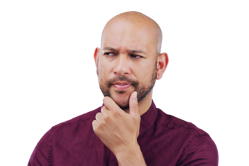 Business man, thinking and solution or doubt for startup career, creative decision or brainstorming ideas. Worker or person, confused emoji or problem solving isolated on transparent, png background