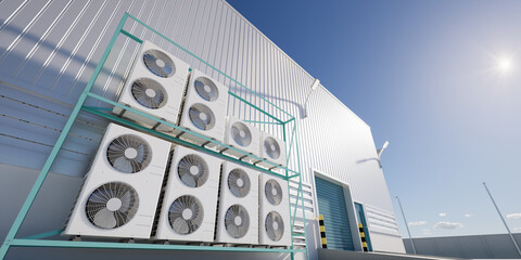 3d rendering of condenser unit or compressor outside factory plant. Unit of ac air conditioner,...