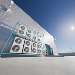 3d rendering of condenser unit or compressor outside factory plant. Unit of ac air conditioner,...