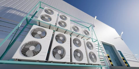 Foto op Plexiglas 3d rendering of condenser unit or compressor outside factory plant. Unit of ac air conditioner, heating ventilation or hvac air conditioning system. Include fan, coil and pump inside for heat and cool © DifferR