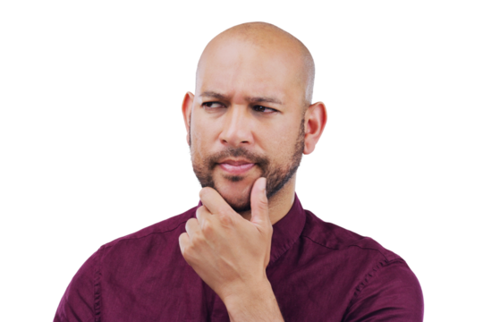 Business man, thinking and solution or doubt for startup career, creative decision or brainstorming ideas. Worker or person, confused emoji or problem solving isolated on transparent, png background